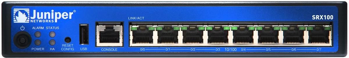 Juniper SRX services gateway 100 with 8xFE ports and base memory (On-board 1GB RAM w/ 512MB Accessible, 1GB FLASH). External power supply an (SRX100B)